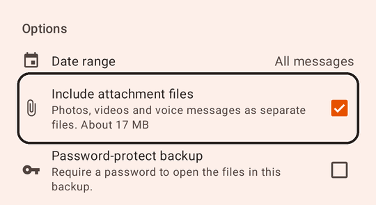 The Options section of the Export conversations sheet. Include attachment files is checked and outlined, with the description: Photos, videos and voice messages as separate files. About 17 MB. Below it, Password-protect backup is unchecked.