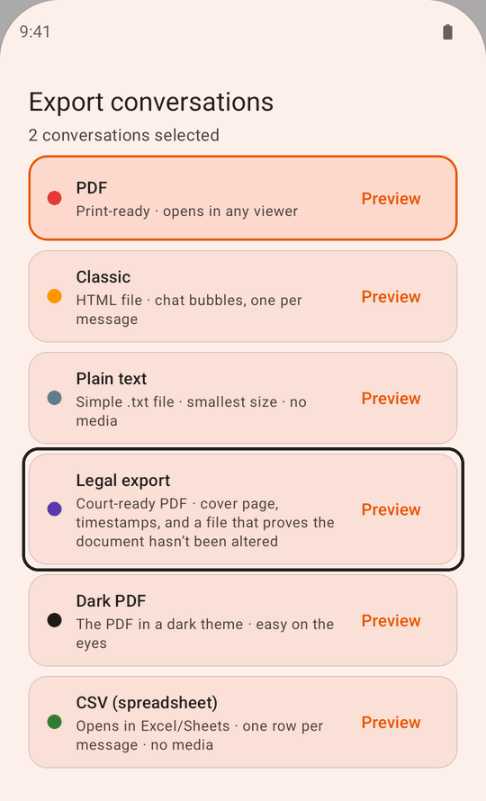 The Export conversations sheet listing PDF, Classic, Plain text, Legal export, Dark PDF and CSV. The Legal export row is outlined.