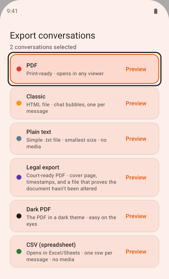 The Export conversations sheet listing PDF, Classic, Plain text, Legal export, Dark PDF and CSV. The PDF row is outlined.
