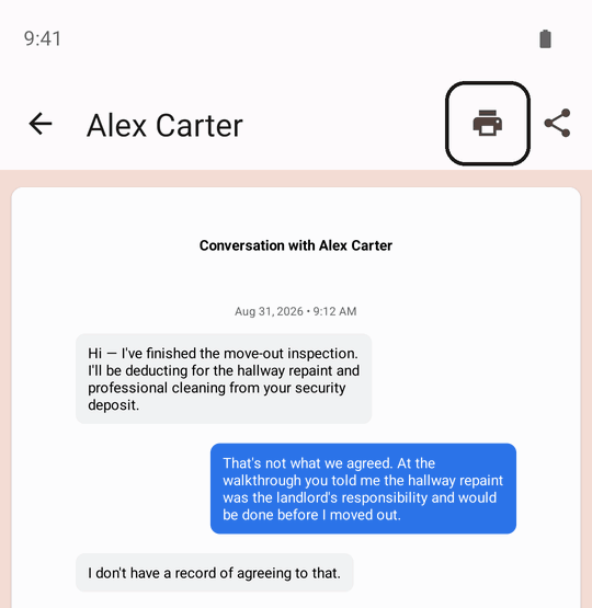 An exported PDF of the Alex Carter conversation open in the app, with the Print button outlined in the top bar next to Share.