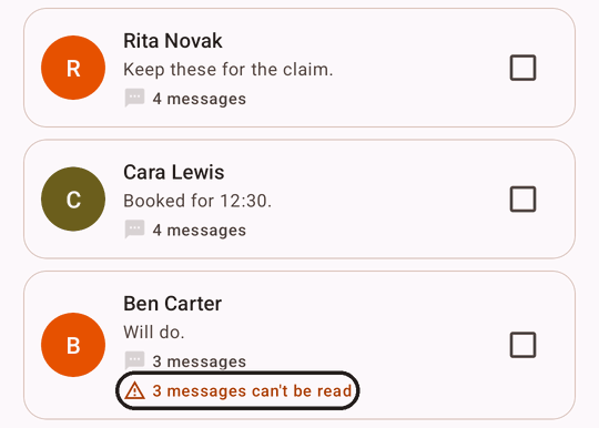The app’s Conversations list. Ben Carter’s conversation shows 3 messages, with a warning underneath, outlined: 3 messages can’t be read.