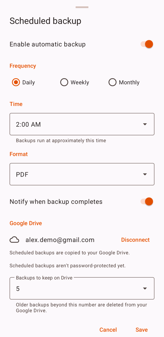 The Scheduled backup sheet with automatic backup on, Daily at 2:00 AM, PDF format, a connected Google Drive account, and 5 backups to keep on Drive.