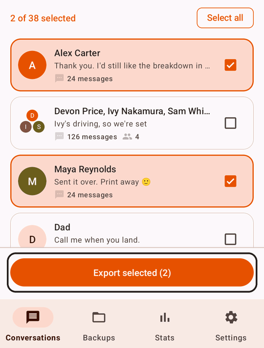The app’s Conversations list with Alex Carter and Maya Reynolds selected, and the Export selected (2) button outlined at the bottom of the screen.