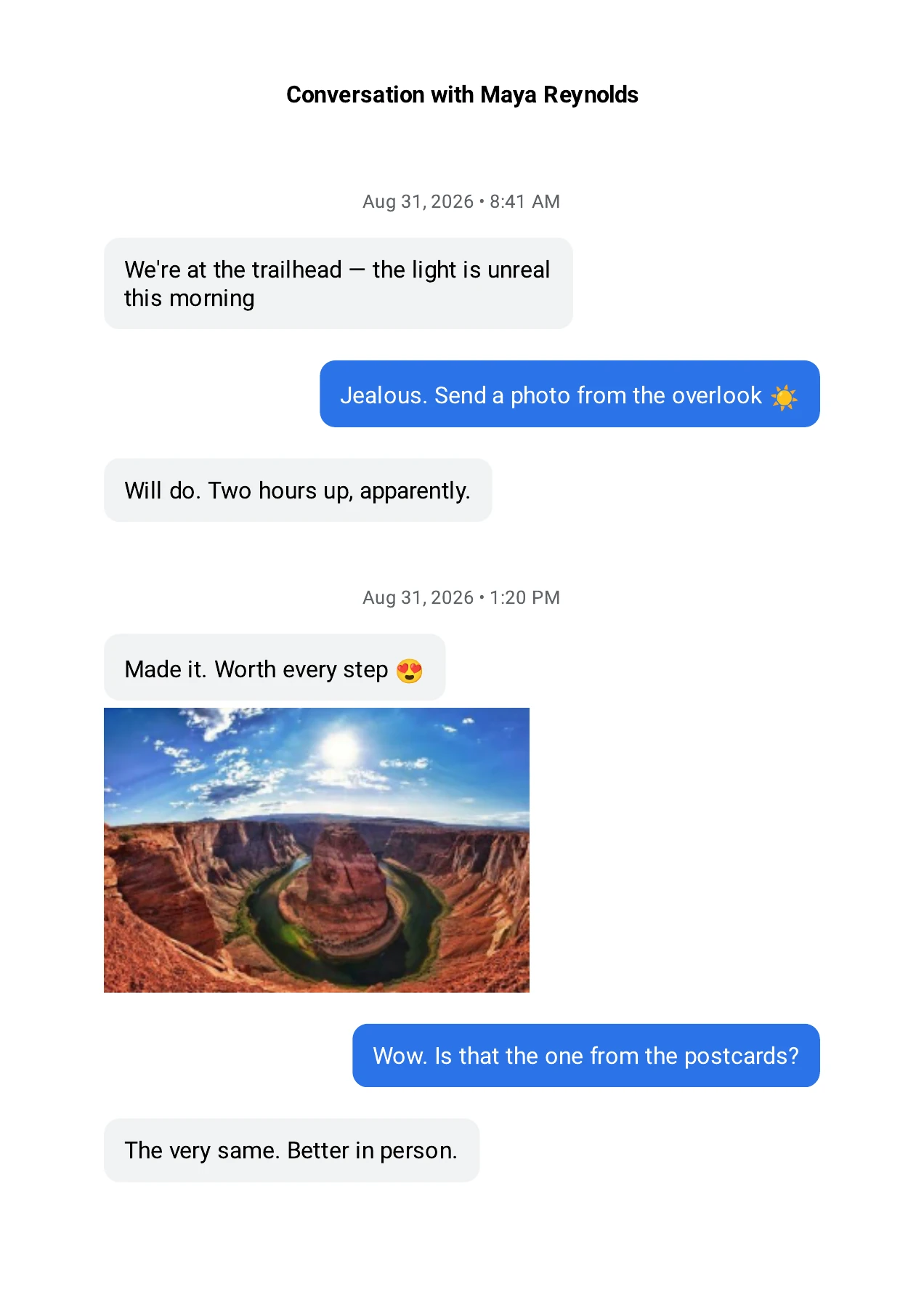 A free standard PDF export of a conversation with Maya Reynolds, with message bubbles, date headers and a photo sent in the conversation