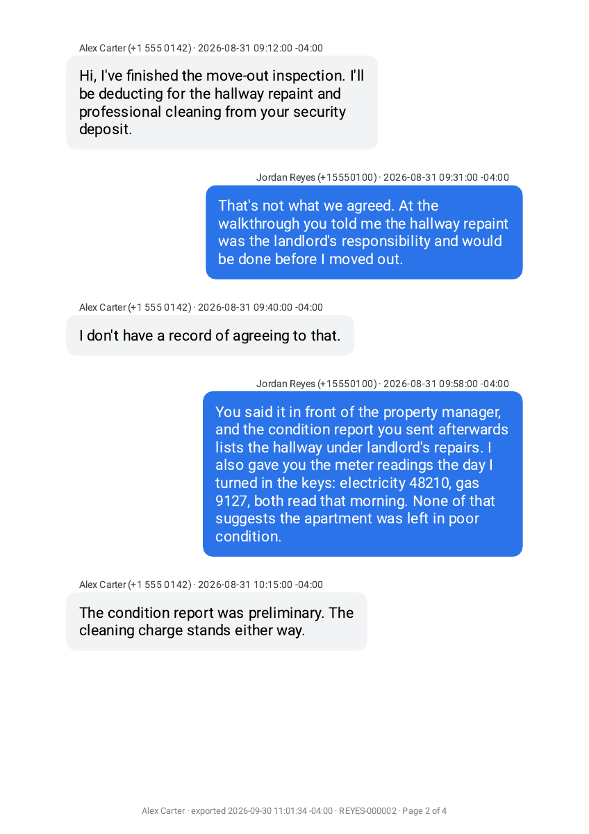 Sample Legal export page: each message is labeled with the sender's name and number and a full timestamp, and the footer carries the Bates number REYES-000002