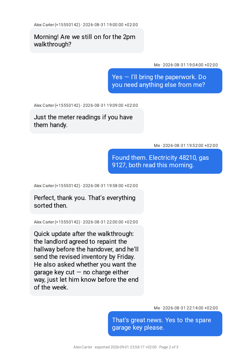 An actual Legal PDF sample showing named SMS messages with timestamps