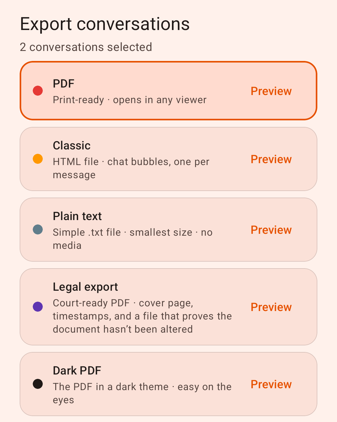 The Export conversations sheet listing PDF, Classic, Plain text, Legal export, Dark PDF and CSV, with PDF selected