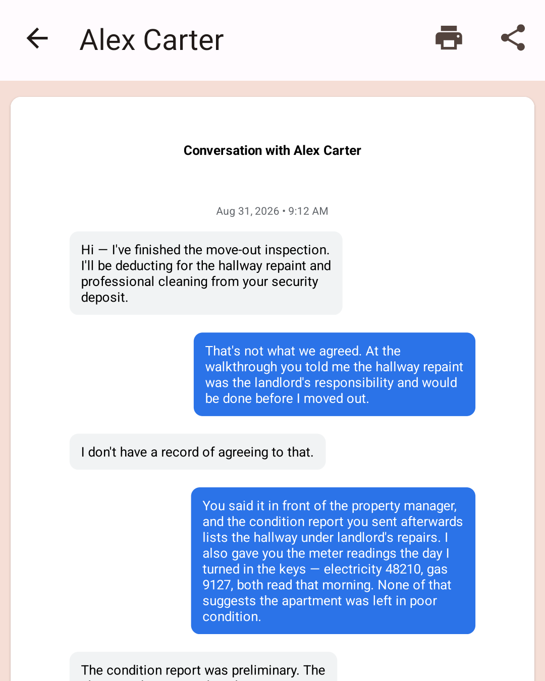 An exported PDF of the Alex Carter conversation open in the app, with Print and Share buttons in the toolbar