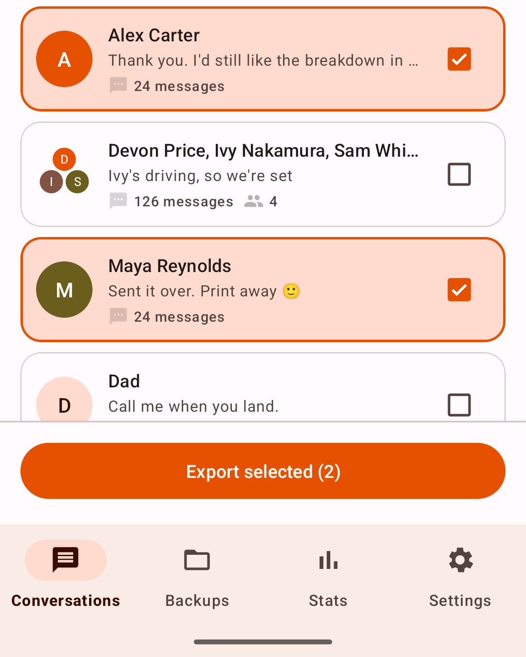 SMS Backup’s Conversations screen with Alex Carter and Maya Reynolds selected and an Export selected (2) button